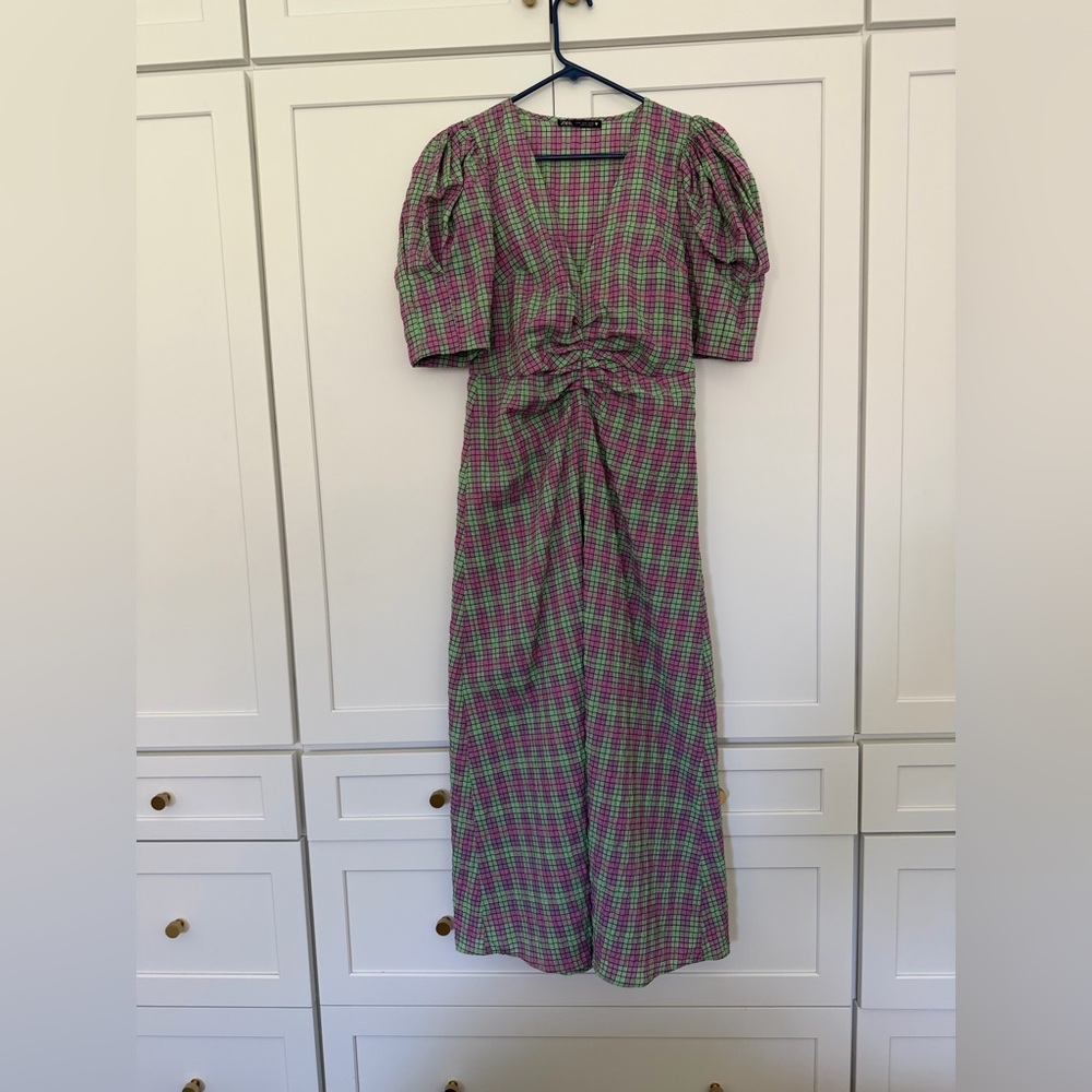 ZARA Pink & Green Plaid Midi Dress – Puff Sleeve – M